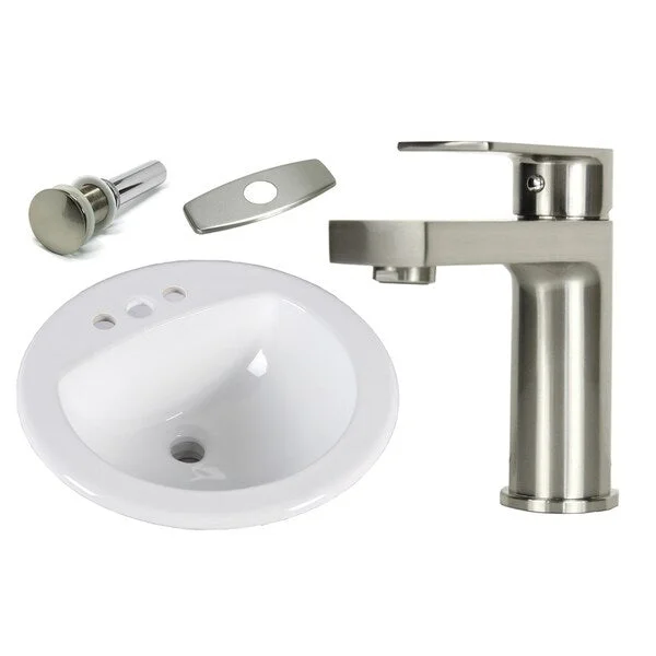 19 Inch Round Topmount / Drop in Ceramic Sink & Brushed Nickel Bathroom Faucet Combo