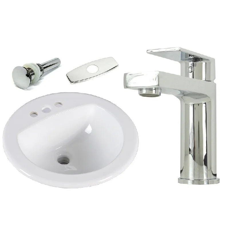 19 Inch Round Topmount / Drop in Ceramic Sink & Polish Chrome Bathroom Faucet Combo