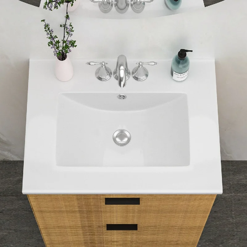 24 inch White Rectangular Ceramic Single Vanity Top with Three Faucet Hole and Overflow - 24" x 18" x 7"