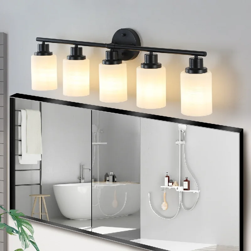 5-Light Vanity Bathroom Mirror Light, Frosted White Glass with Black Iron Frame, Contemporary Wall Sconce(Bulb Not Included)