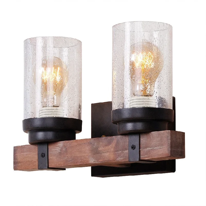 Anmytek Farmhouse Wall Sconce Light Fixtures Wood Metal 2-Light Bathroom Vanity Lights Over Mirror with Bubble Glass Shade