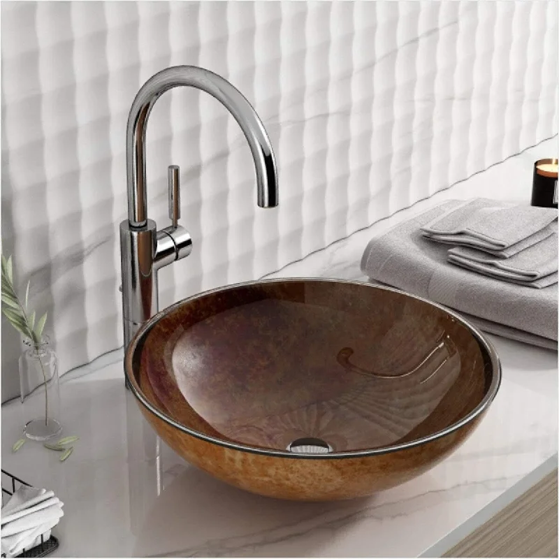 Modern 16"x6" Tempered Glass Vessel Bathroom Sink Handmade Thick & Scratch Tough & Stain Resistant, Light Brown