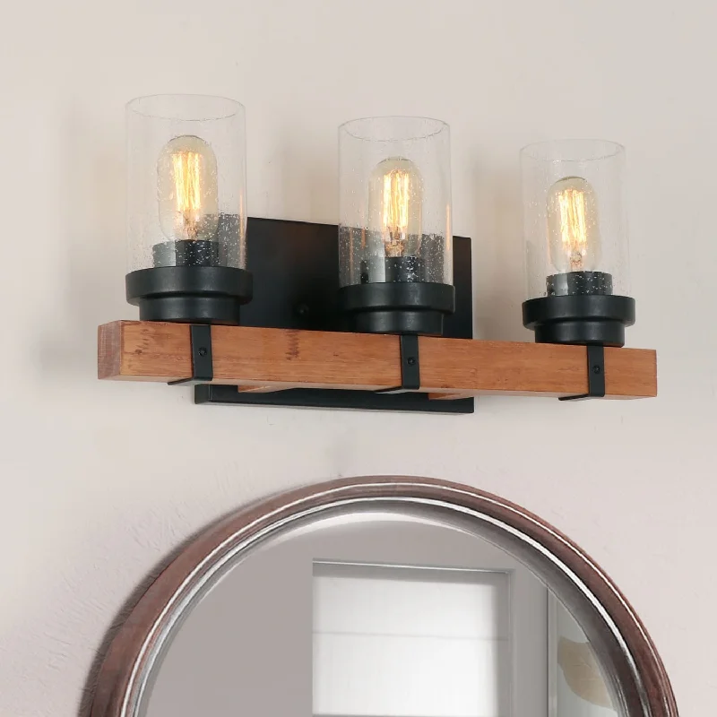 Modern Farmhouse Black 3-Light Linear Bathroom Vanity Light Cylinder Glass Wall Sconce - 19.25" L x 5.75" W x 8" H