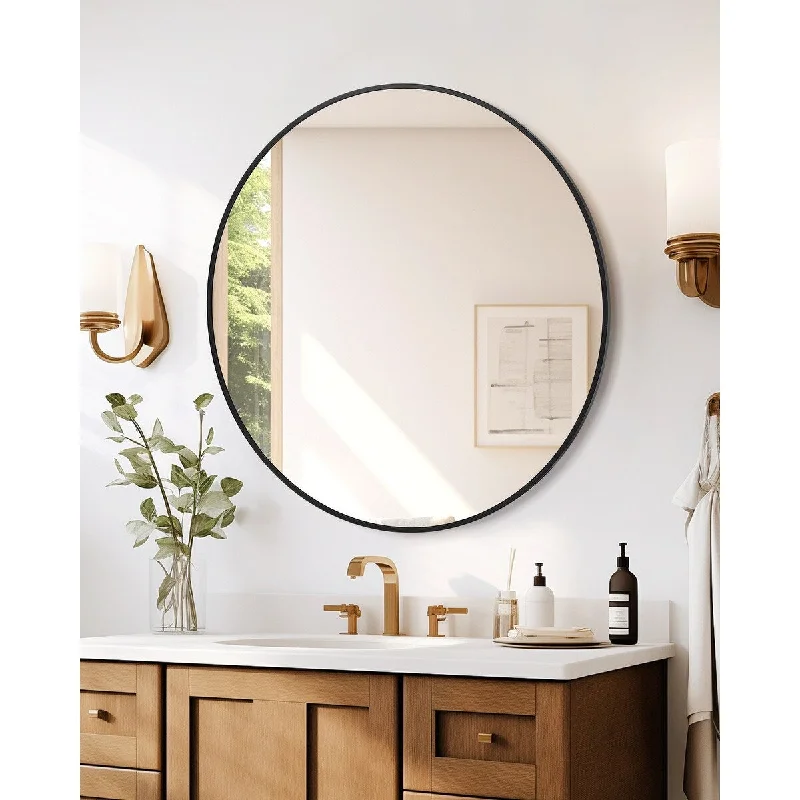 Round Mirror with Black Metal Frame for Entryway Bathroom Living Room