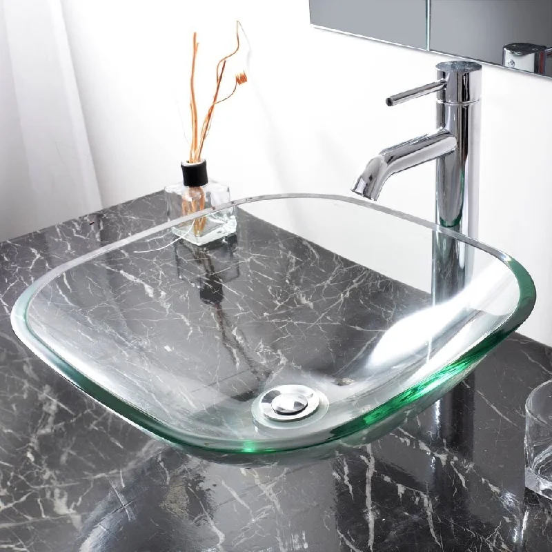 Square Glass Vessel Sink 420mm Long Transparent