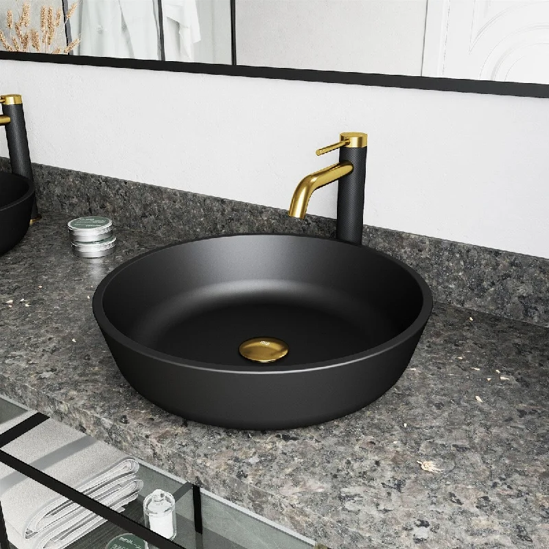 VIGO Black Modus MatteShell Vessel Bathroom Sink and Lexington cFiber Faucet in Matte Brushed Gold and Matte Black