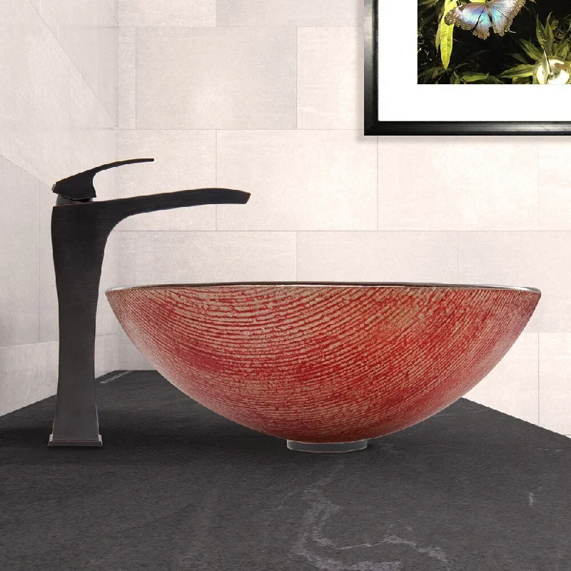 VIGO Blazing Fire Glass Vessel Sink and Blackstonian Faucet Set in Antique Rubbed Bronze Finish - Orange