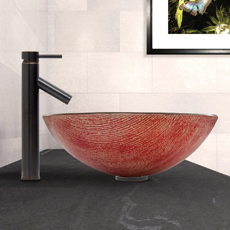 VIGO Blazing Fire Glass Vessel Sink and Dior Faucet Set in Antique Rubbed Bronze Finish - Orange