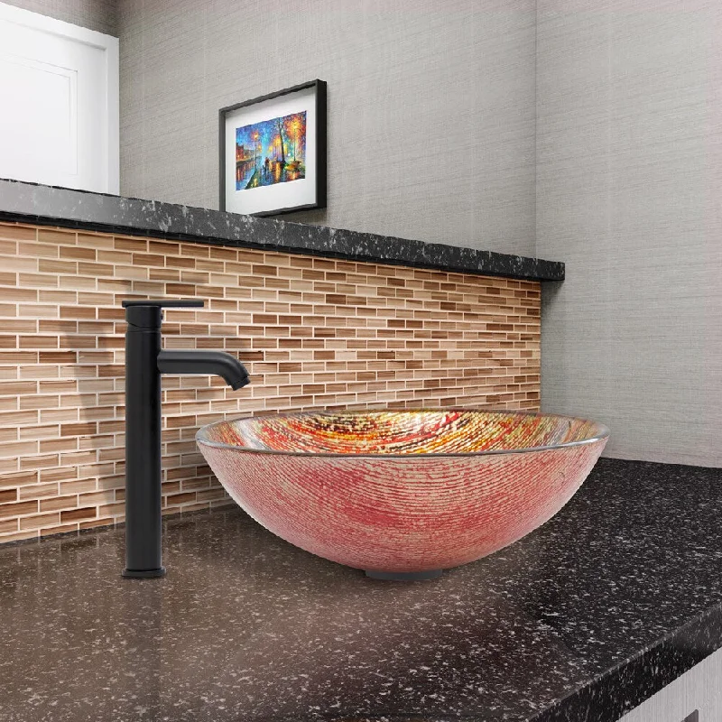 VIGO Blazing Fire Glass Vessel Sink and Seville Faucet Set in Matte Black Finish