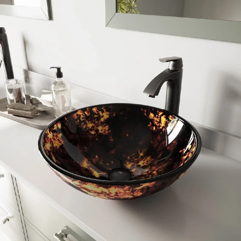 VIGO Brown and Gold Fusion Glass Vessel Sink and Linus Faucet Set