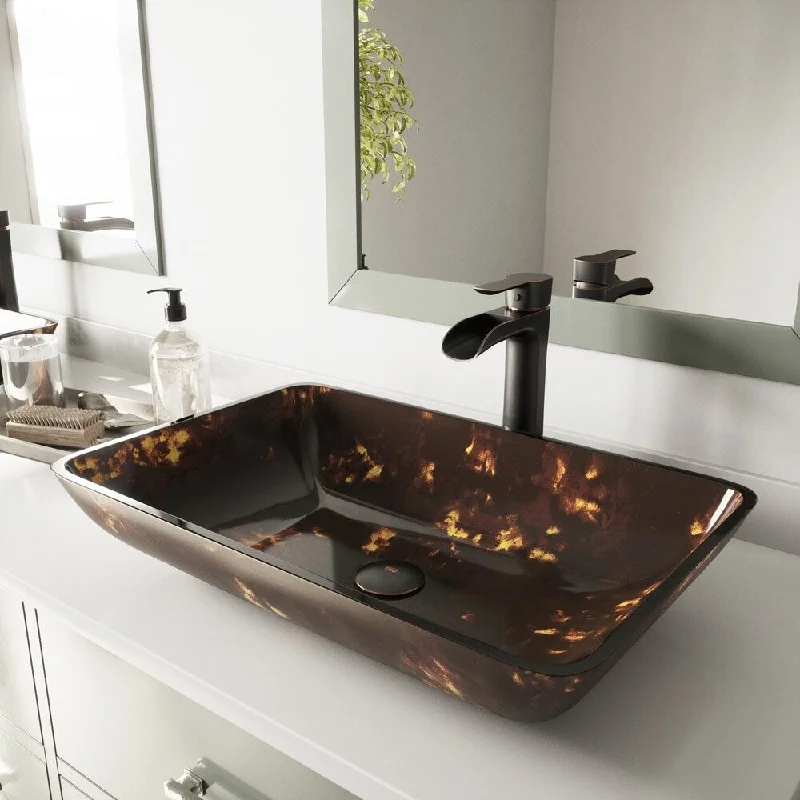 VIGO Brown and Gold Glass Vessel Bathroom Sink and Niko Faucet Set