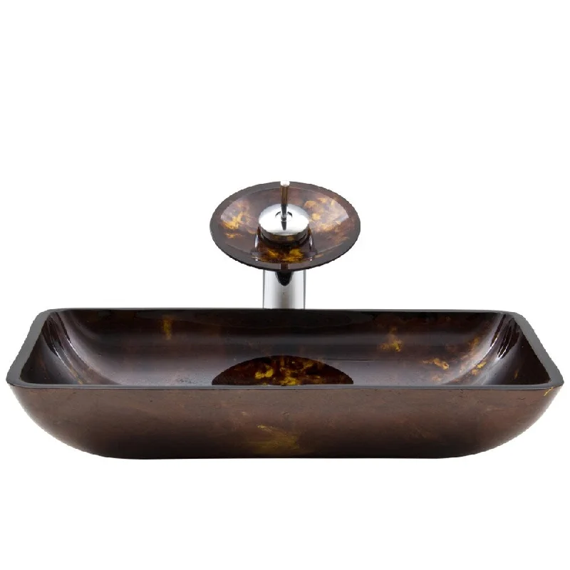 VIGO Brown and Gold Vessel Bathroom Sink and Waterfall Faucet Set