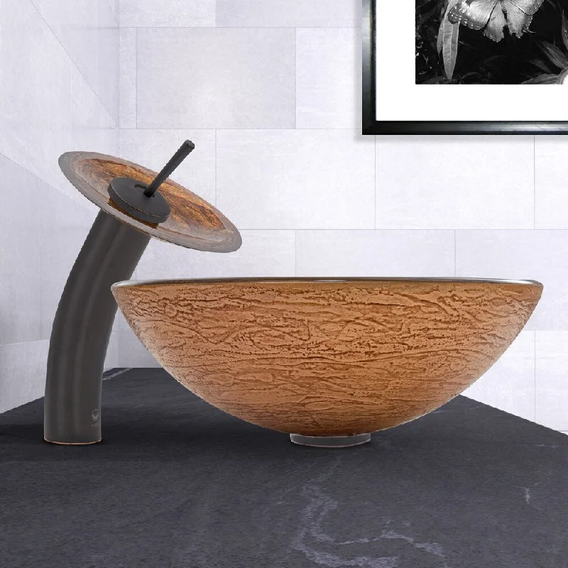 VIGO Cappuccino Swirl Glass Vessel Sink and Waterfall Faucet Set in Antique Rubbed Bronze Finish