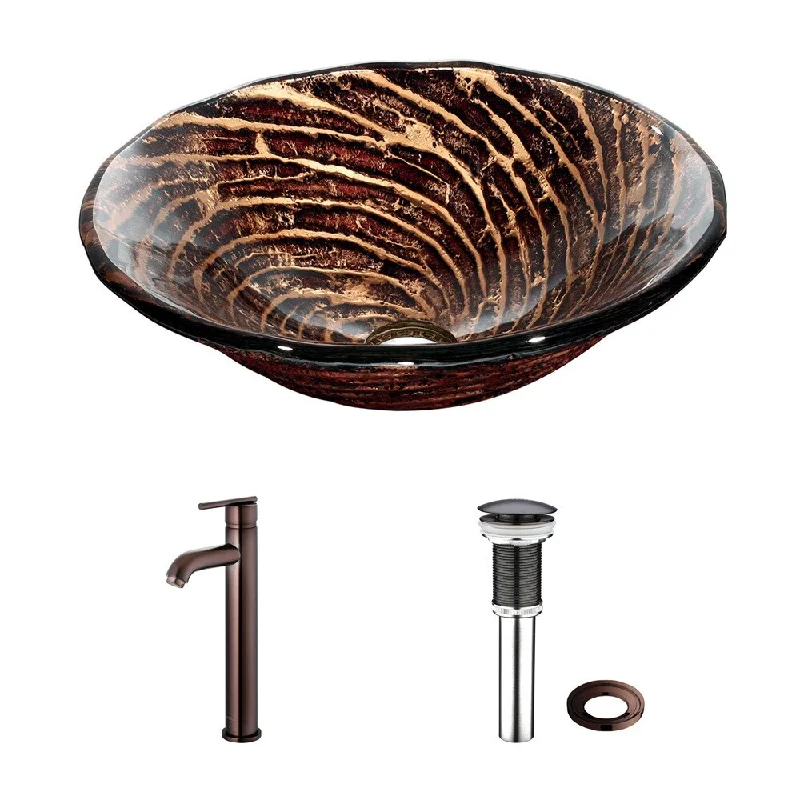 VIGO Chocolate Caramel Swirl Glass Vessel Sink and Faucet Set in Oil Rubbed Bronze