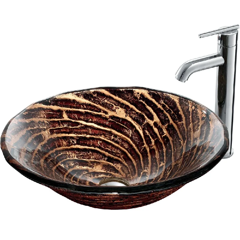 VIGO Chocolate Caramel Swirl Glass Vessel Sink and Single-Hole Faucet Set in Chrome