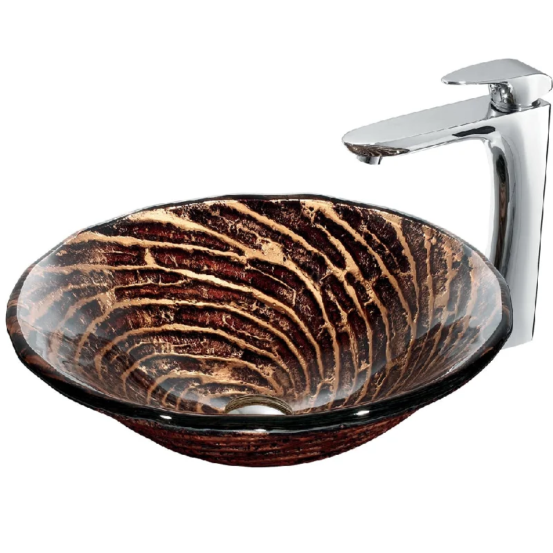 VIGO Chocolate Caramel Swirl Scratch-Resistant Glass Vessel Sink and Faucet Set in Chrome