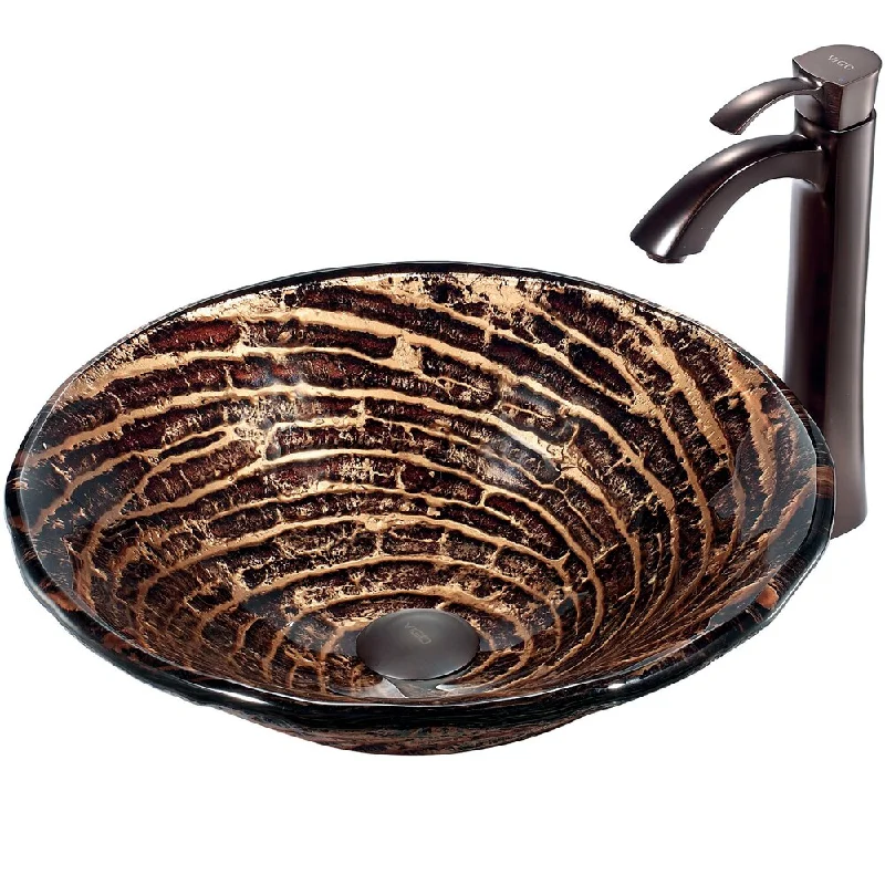 VIGO Chocolate-Swirl Caramel Round Glass Vessel Sink and Faucet Set in Oil-Rubbed Bronze