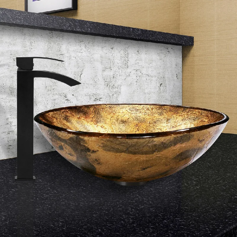 VIGO Copper Shapes Glass Vessel Sink and Duris Faucet Set in Matte Black Finish - Gold