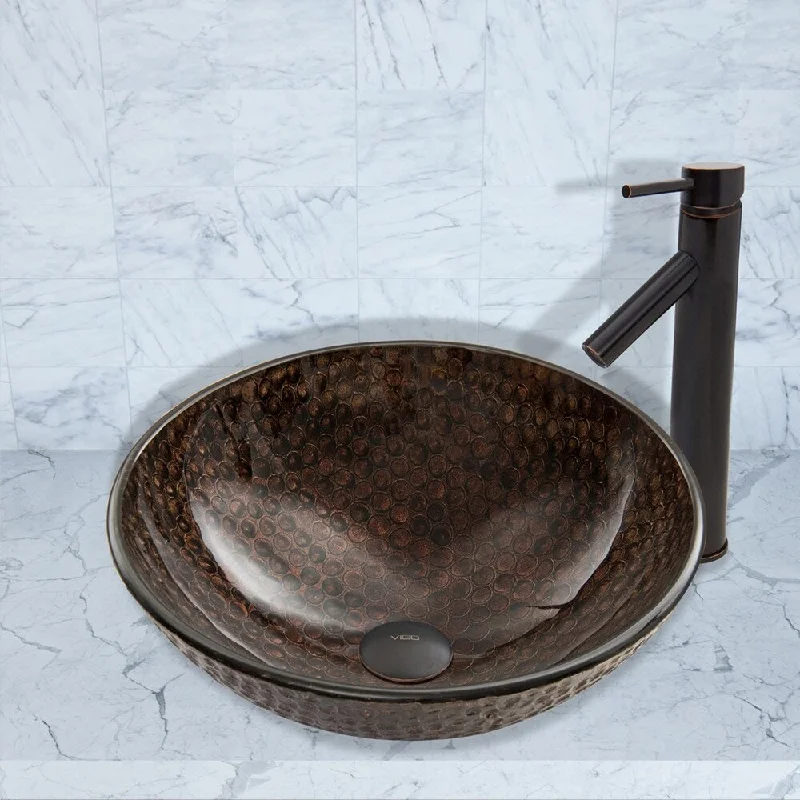 VIGO Copper Shield Glass Vessel Bathroom Sink and Dior Faucet Set