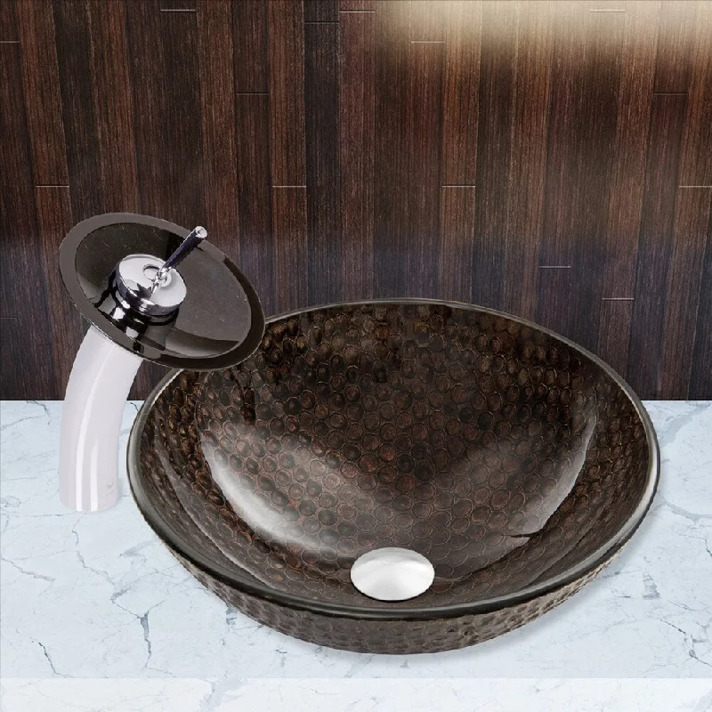 VIGO Copper Shield Glass Vessel Bathroom Sink and Waterfall Faucet Set