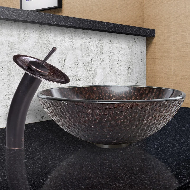 VIGO Copper Shield Glass Vessel Sink and Waterfall Faucet Set in Antique Rubbed Bronze Finish