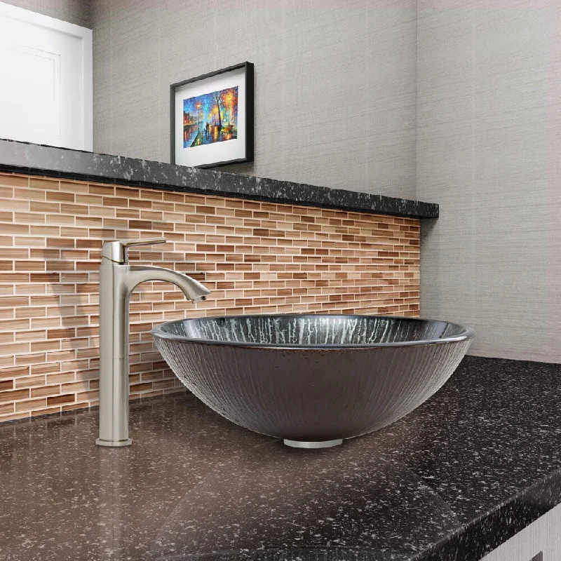 VIGO Enchanted Earth Glass Vessel Sink and Linus Faucet Set in Brushed Nickel Finish