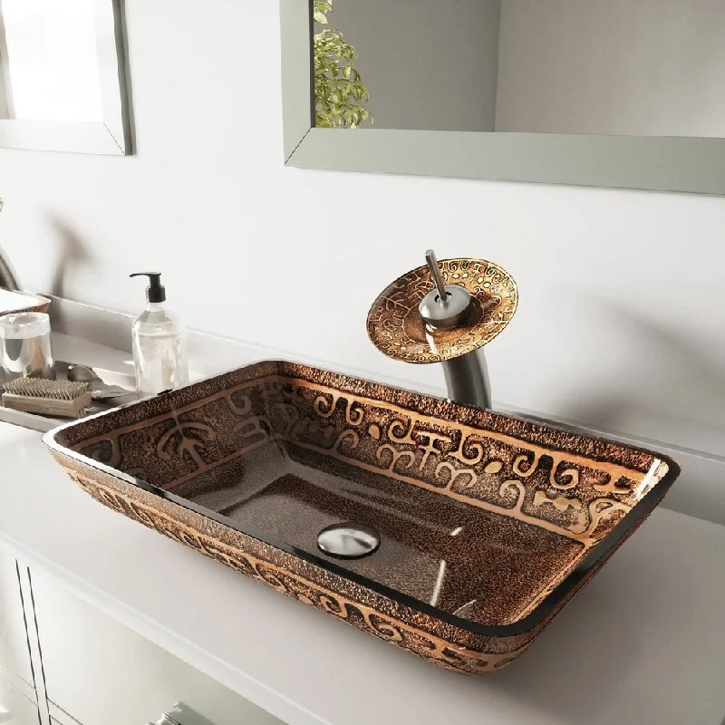 VIGO Golden Greek Glass Vessel Bathroom Sink and Waterfall Faucet Set