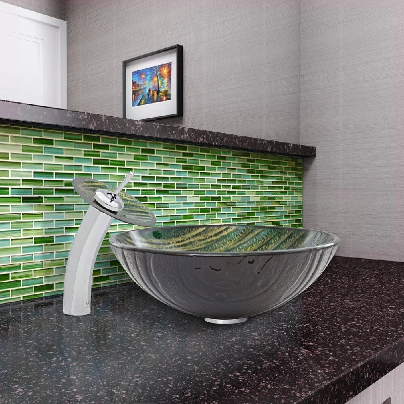 VIGO Green Asteroid Glass Vessel Sink and Waterfall Faucet Set in Chrome Finish