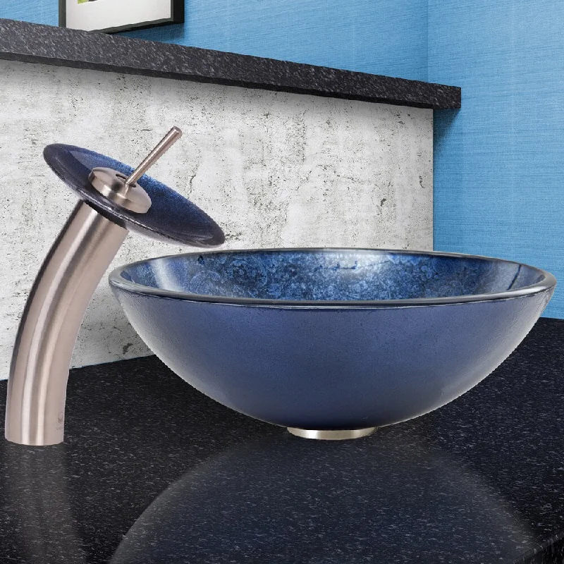 VIGO Indigo Eclipse Glass Vessel Sink and Waterfall Faucet Set in Brushed Nickel Finish