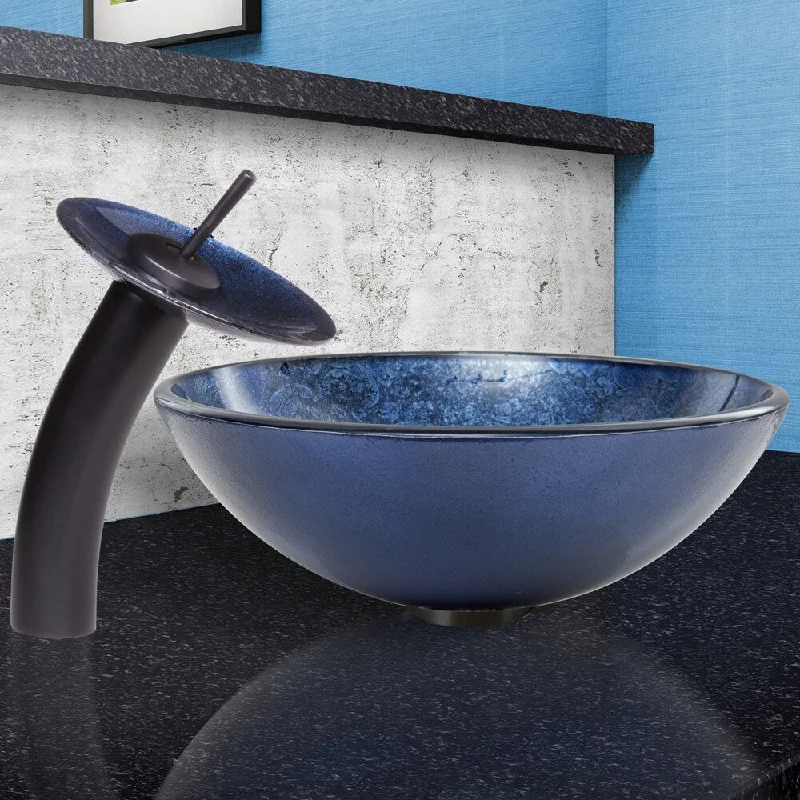 VIGO Indigo Eclipse Glass Vessel Sink and Waterfall Faucet Set in Matte Black Finish