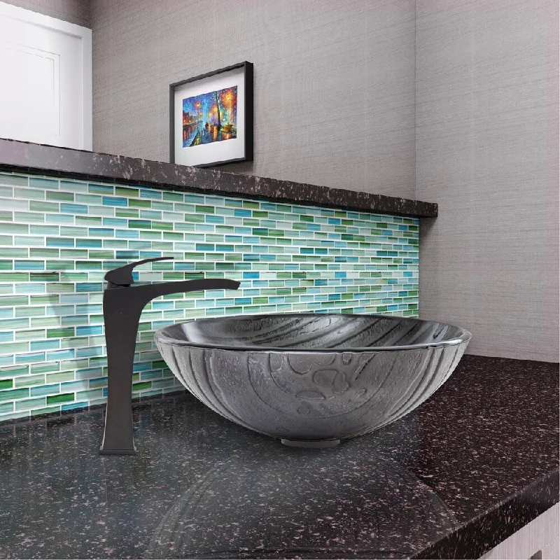 VIGO Interspace Glass Vessel Sink and Blackstonian Faucet Set in Matte Black Finish