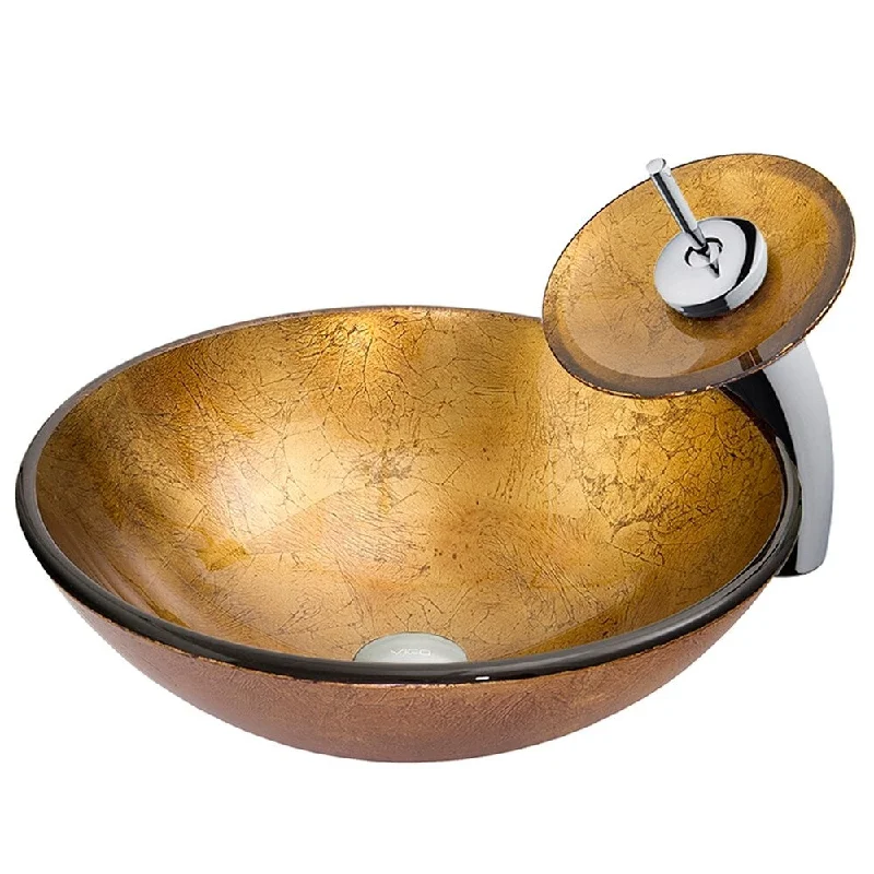 VIGO Liquid Gold Glass Vessel Bathroom Sink and Waterfall Faucet Set