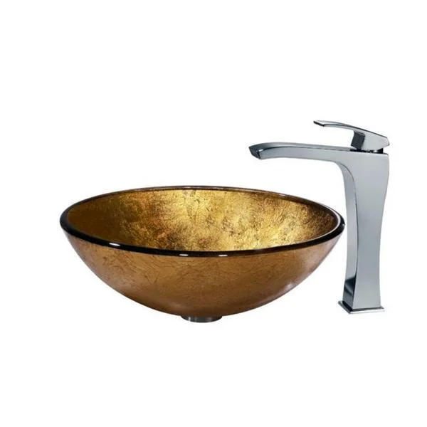 VIGO Liquid Gold Glass Vessel Sink and Faucet Set in Chrome