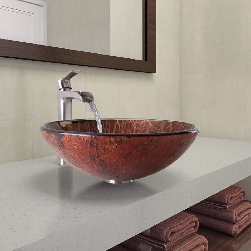 VIGO Mahogany Moon Glass Vessel Bathroom Sink and Niko Faucet Set in Brushed Nickel Finish - 16.5" L x 16.5" W x 6" D