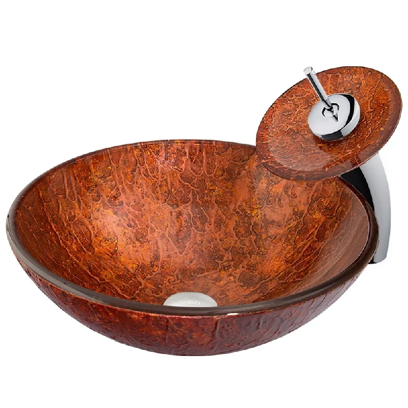 VIGO Mahogany Moon Glass Vessel Bathroom Sink and Waterfall Faucet Set