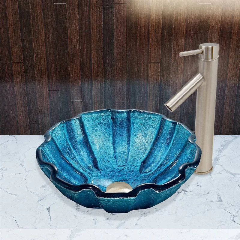 VIGO Mediterranean Seashell Glass Vessel Sink and Dior Faucet Set in Brushed Nickel Finish