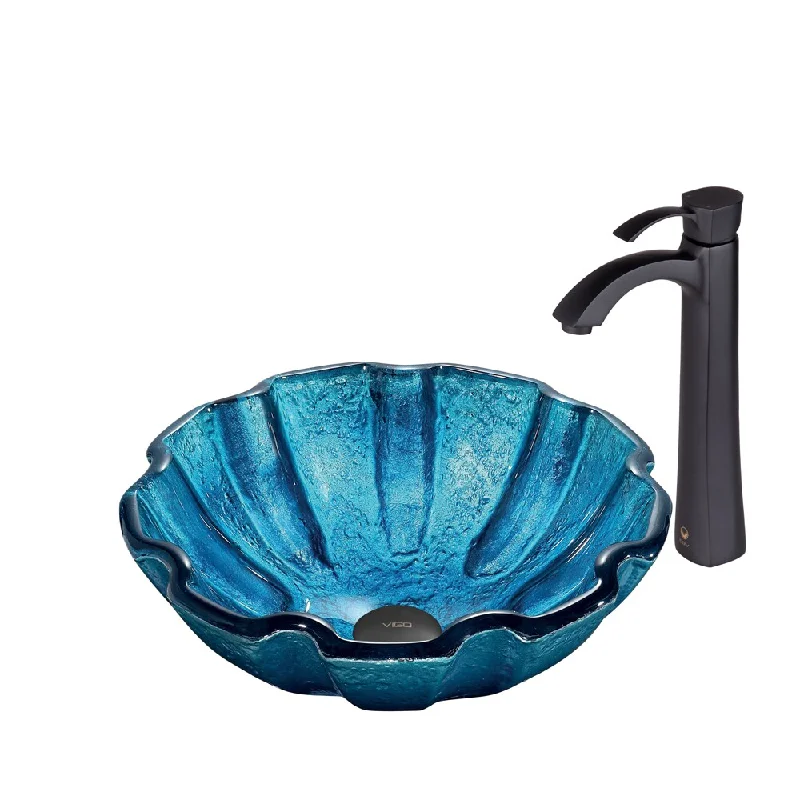 VIGO Mediterranean Seashell Glass Vessel Sink and Otis Faucet Set in Matte Black Finish - Blue