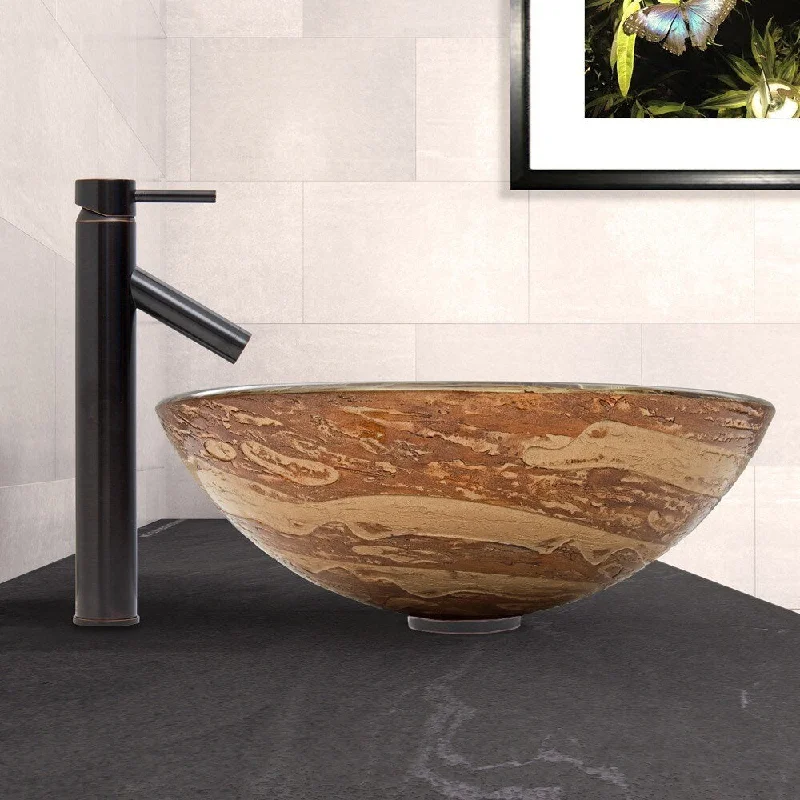 VIGO Mocha Swirl Glass Vessel Sink and Dior Faucet Set in Antique Rubbed Bronze Finish - Brown