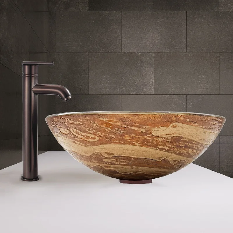 VIGO Mocha Swirl Glass Vessel Sink and Seville Faucet Set in Oil Rubbed Bronze Finish