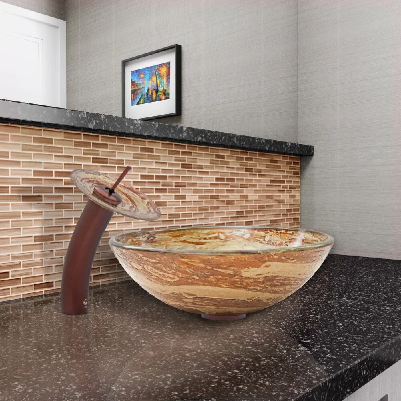 VIGO Mocha Swirl Glass Vessel Sink and Waterfall Faucet Set in Oil Rubbed Bronze Finish