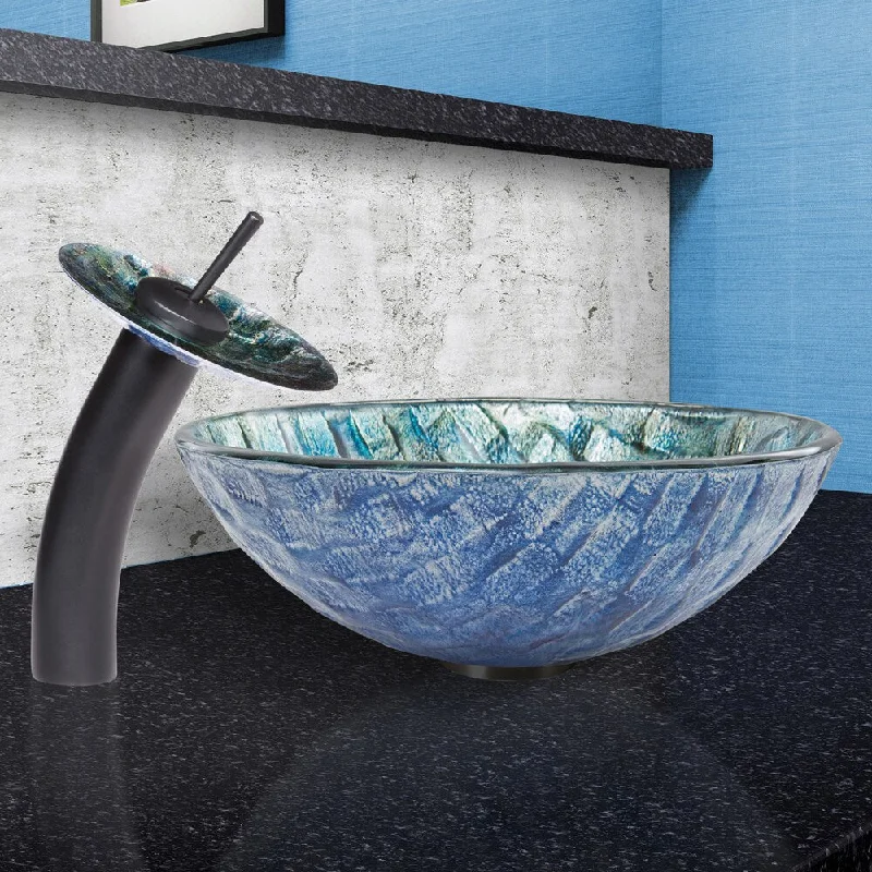 VIGO Oceania Glass Vessel Sink and Waterfall Faucet Set in Matte Black Finish