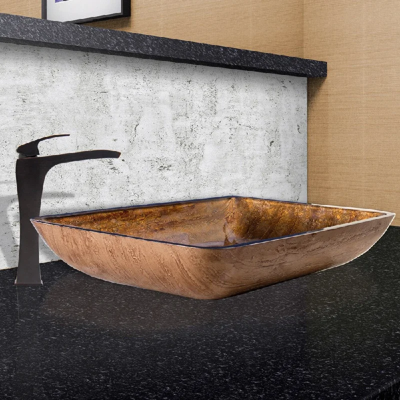 VIGO Rectangular Amber Sunset Glass Vessel Sink and Blackstonian Faucet Set in Antique Rubbed Bronze Finish