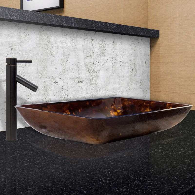 VIGO Rectangular Brown and Gold Fusion Glass Vessel Sink and Dior Faucet Set in Antique Rubbed Bronze Finish