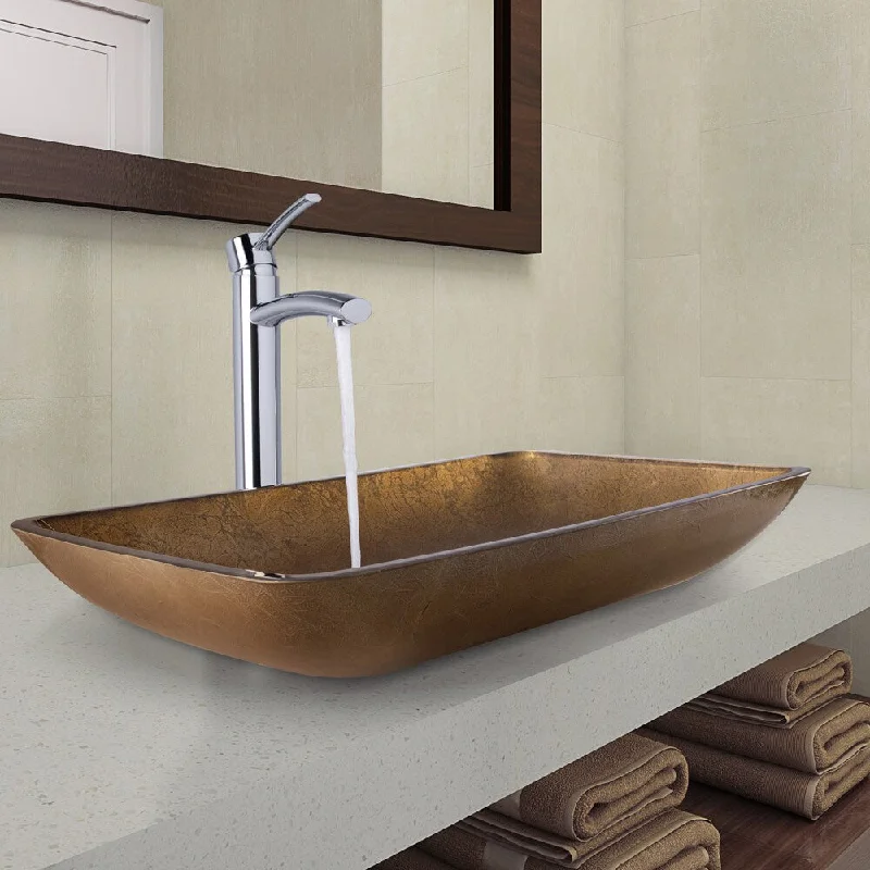 VIGO Rectangular Copper Glass Vessel Bathroom Sink and Milo Faucet Set in Chrome Finish