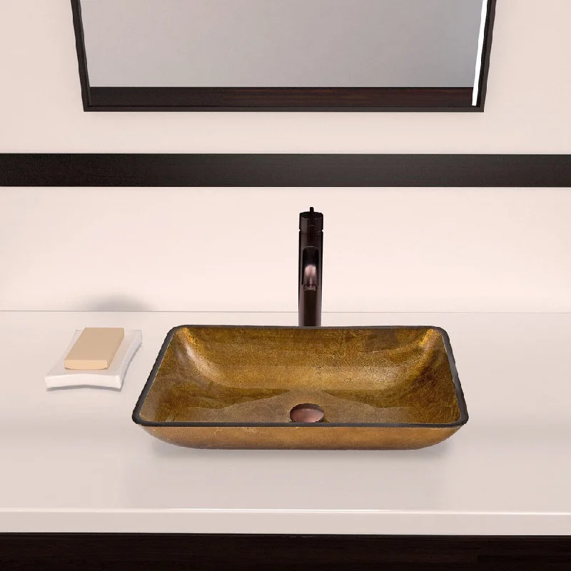 VIGO Rectangular Copper Glass Vessel Sink and Seville Faucet Set in Oil Rubbed Bronze