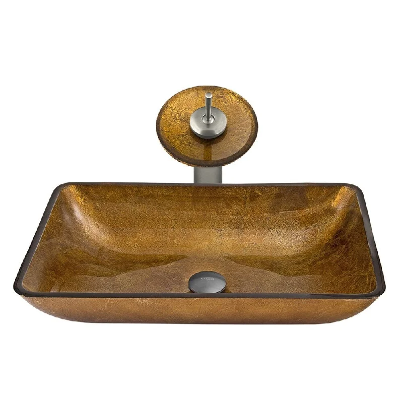 VIGO Rectangular Copper Glass Vessel Sink and Waterfall Faucet