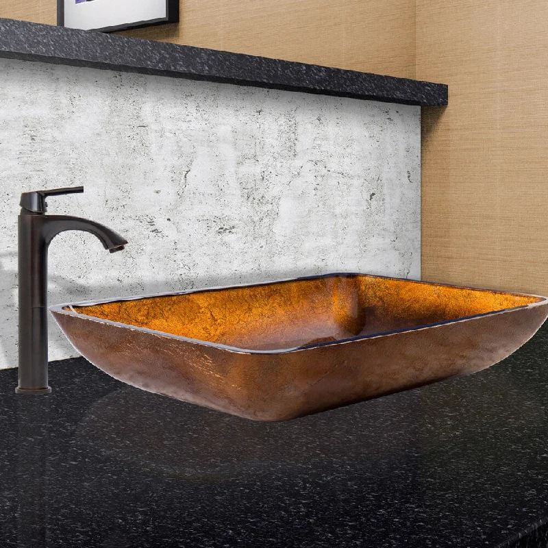 VIGO Rectangular Russet Glass Vessel Sink and Linus Faucet Set in Antique Rubbed Bronze Finish