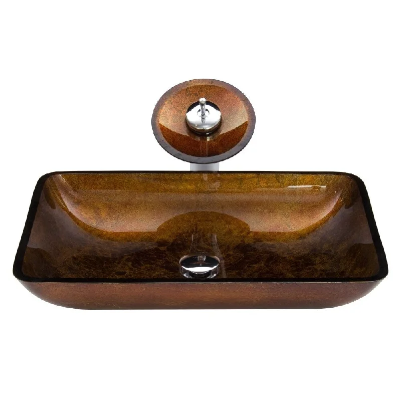 VIGO Rectangular Russet Glass Vessel Sink and Waterfall Faucet Set in Chrome