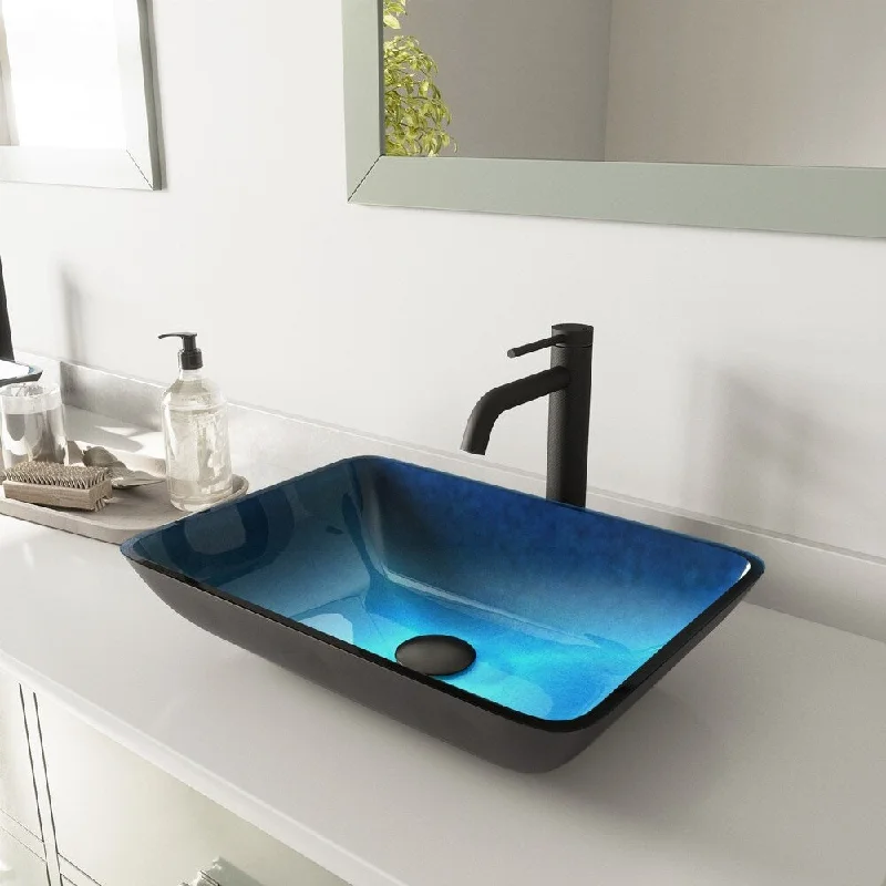 VIGO Rectangular Turquoise Water Glass Vessel Bathroom Sink and Lexington cFiber Vessel Faucet Set in Matte Black