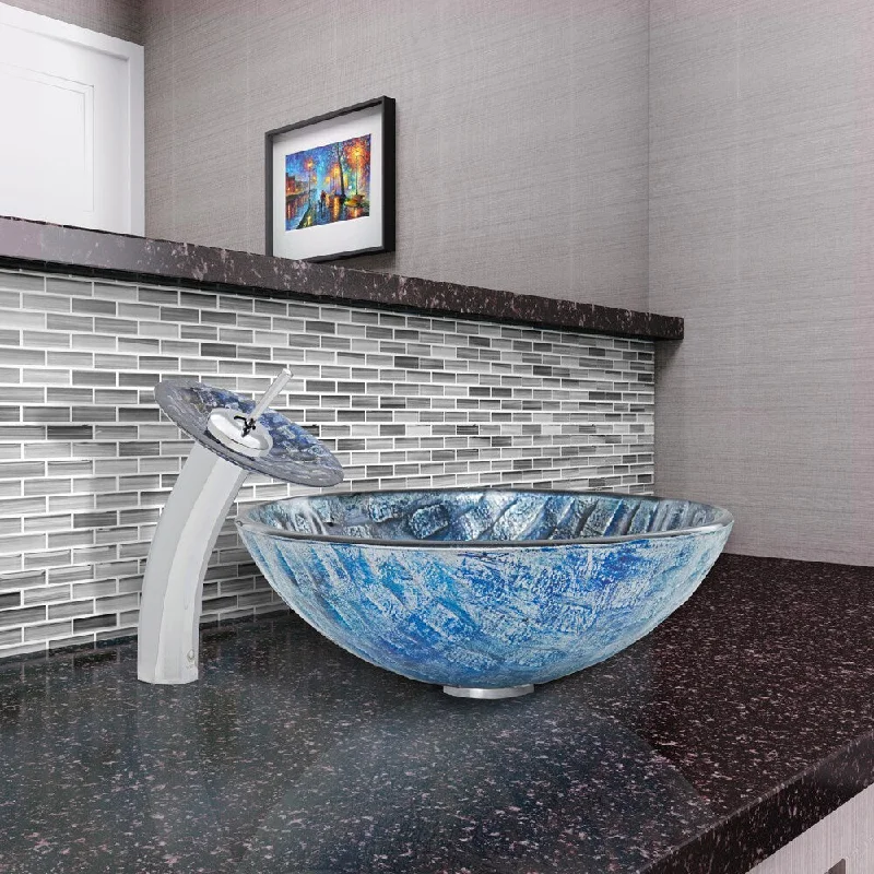 VIGO Rio Glass Vessel Sink and Waterfall Faucet Set in Chrome Finish